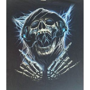 Vintage Y2K Cyber Skull w/ Headphones Graphic Black T Shirt XL